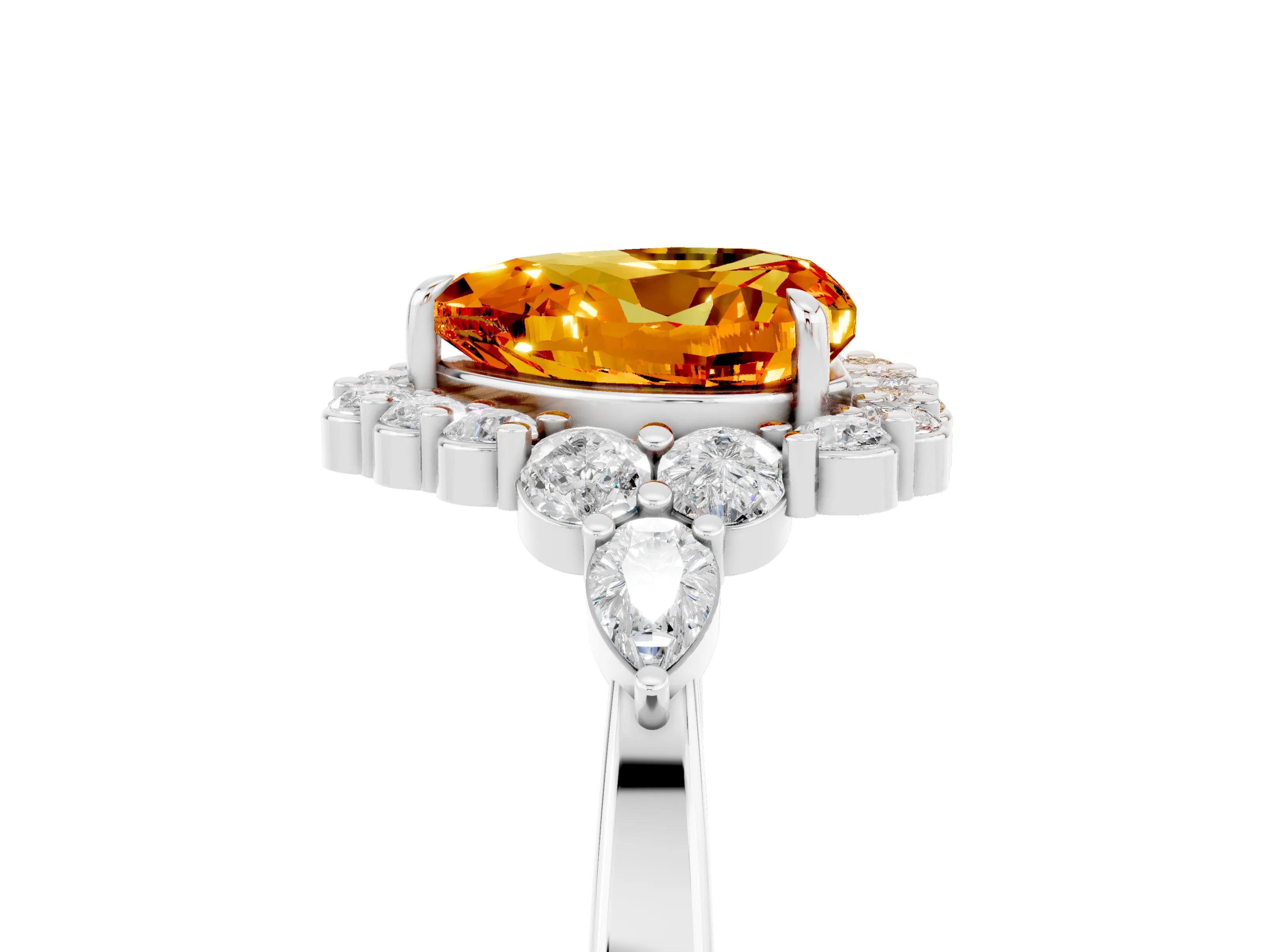 White gold Heart Cut Citrine Halo Ring with Pear Side Stones and Prong Setting_29