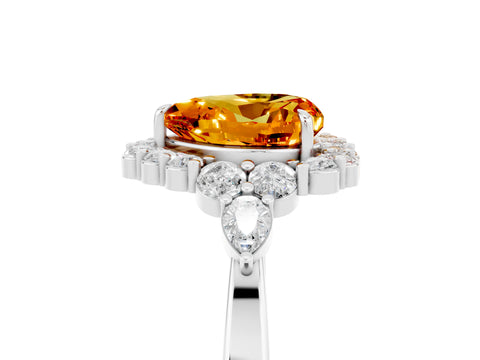 White gold Heart Cut Citrine Halo Ring with Pear Side Stones and Prong Setting_29