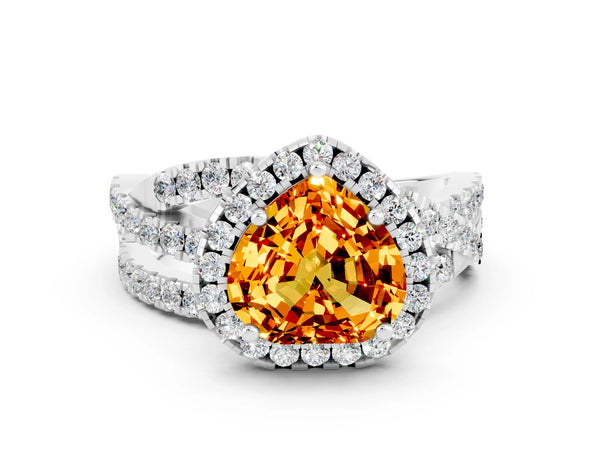 Platinum Heart Cut Citrine Halo Ring with Round Split Shank and Prong Setting