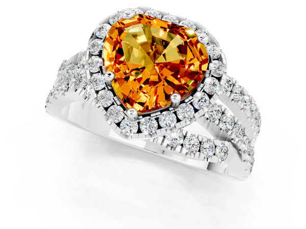 White gold Heart Cut Citrine Halo Ring with Round Split Shank and Prong Setting