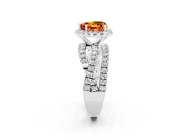 Platinum Heart Cut Citrine Halo Ring with Round Split Shank and Prong Setting