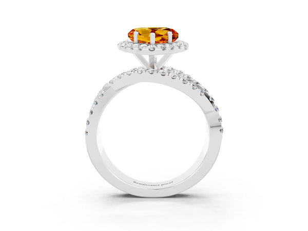 Silver Heart Cut Citrine Halo Ring with Round Split Shank and Prong Setting