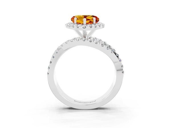 White gold Heart Cut Citrine Halo Ring with Round Split Shank and Prong Setting
