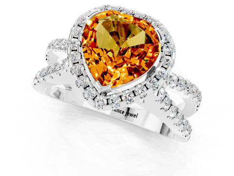 White gold Heart Cut Citrine Halo Ring with Split Shank Pavé Band and Prong Setting_1