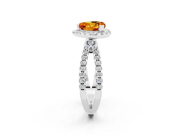 White gold Heart Cut Citrine Halo Ring with Split Shank Pavé Band and Prong Setting