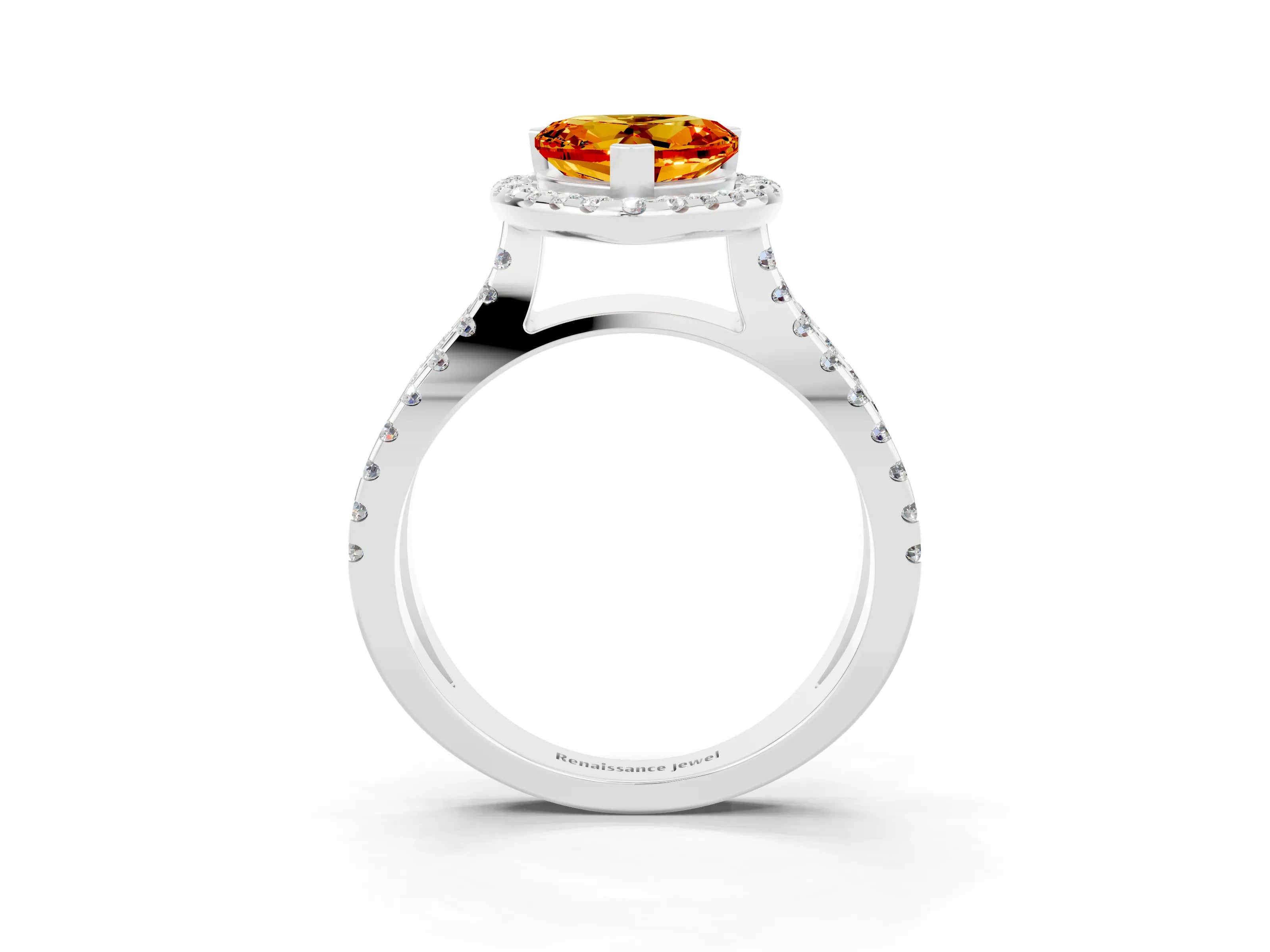 White gold Heart Cut Citrine Halo Ring with Split Shank Pavé Band and Prong Setting_3