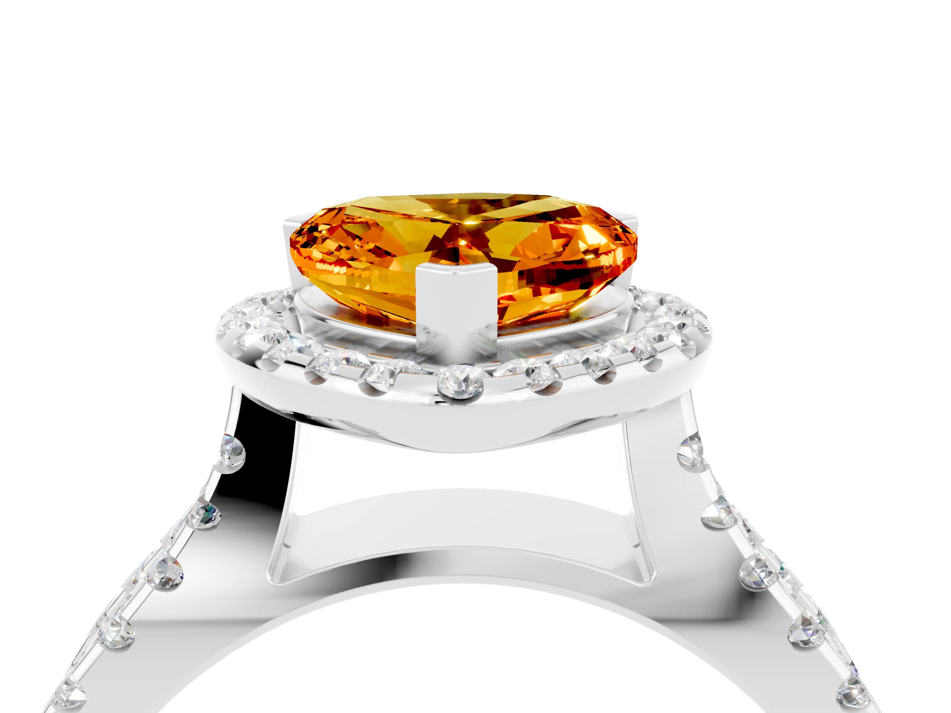 White gold Heart Cut Citrine Halo Ring with Split Shank Pavé Band and Prong Setting_4