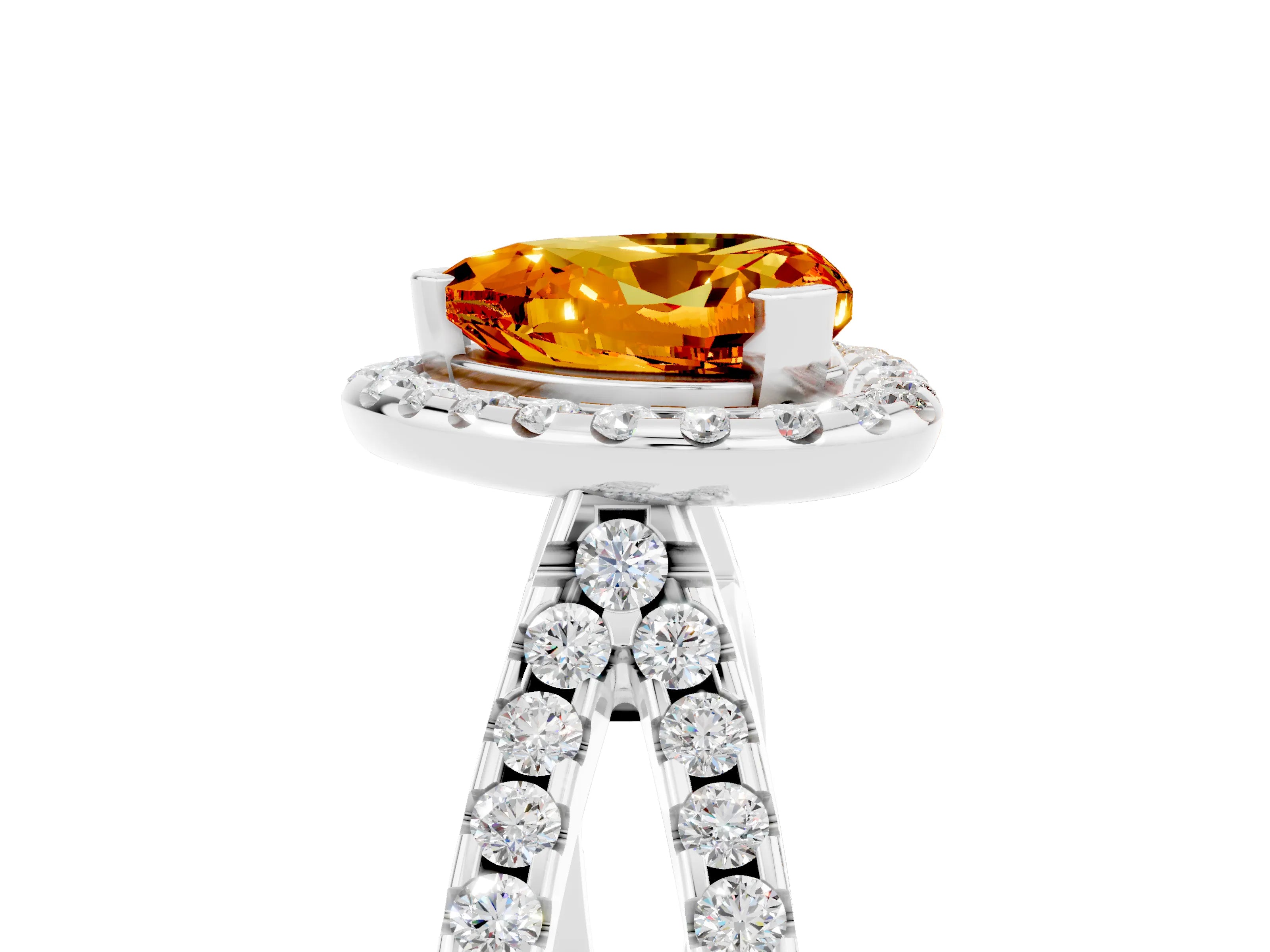White gold Heart Cut Citrine Halo Ring with Split Shank Pavé Band and Prong Setting_5