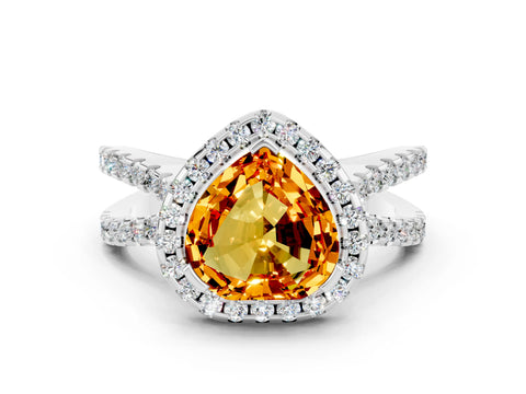 White gold Heart Cut Citrine Halo Ring with Split Shank Pavé Band and Prong Setting