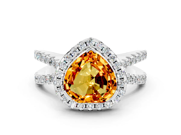 White gold Heart Cut Citrine Halo Ring with Split Shank Pavé Band and Prong Setting