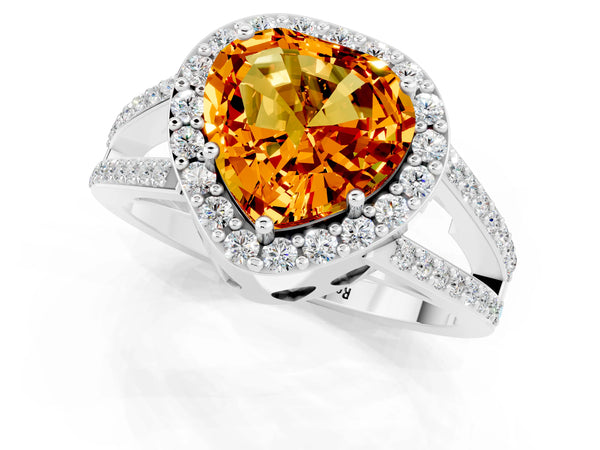 Platinum Heart Cut Citrine Halo Ring with Split Shank U-Prong Band and Four-Prong Setting