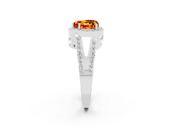 Platinum Heart Cut Citrine Halo Ring with Split Shank U-Prong Band and Four-Prong Setting