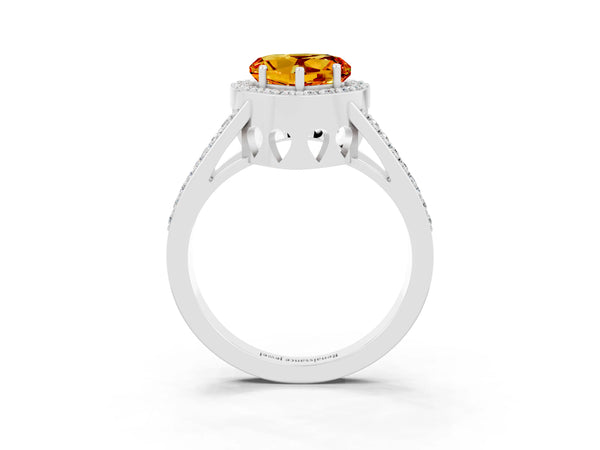 Platinum Heart Cut Citrine Halo Ring with Split Shank U-Prong Band and Four-Prong Setting