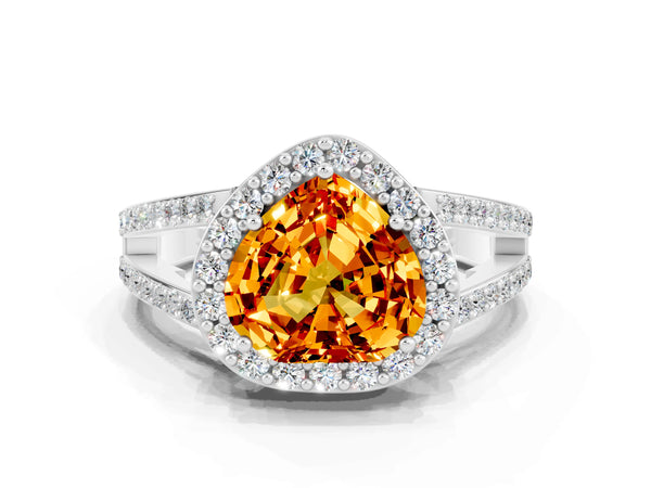 Silver Heart Cut Citrine Halo Ring with Split Shank U-Prong Band and Four-Prong Setting