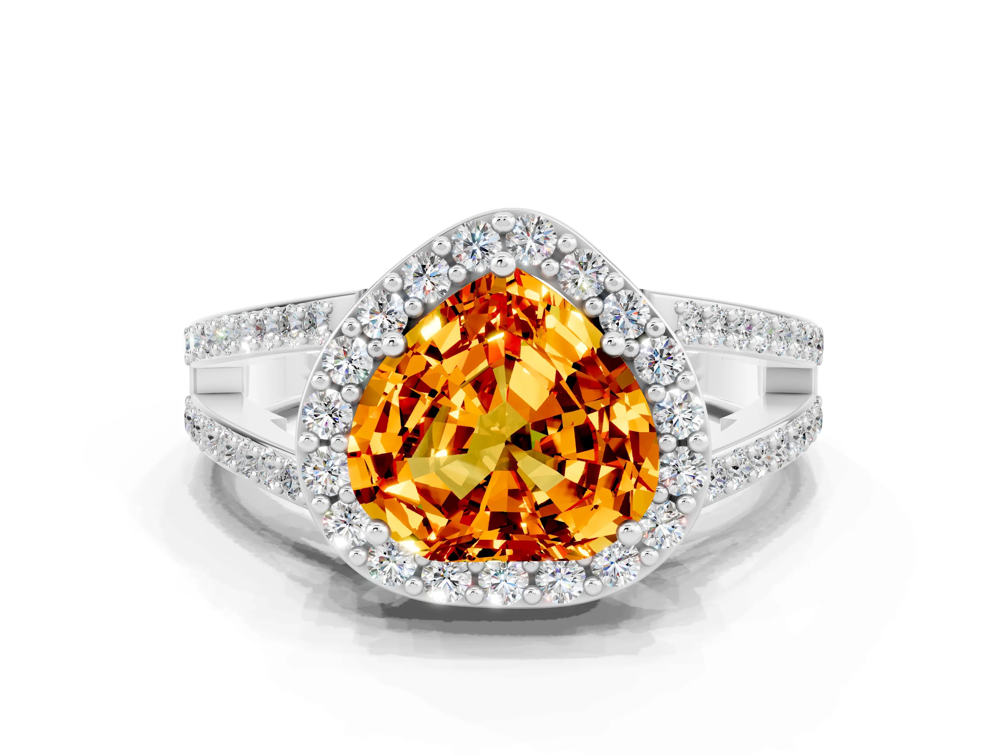 White gold Heart Cut Citrine Halo Ring with Split Shank U-Prong Band and Four-Prong Setting