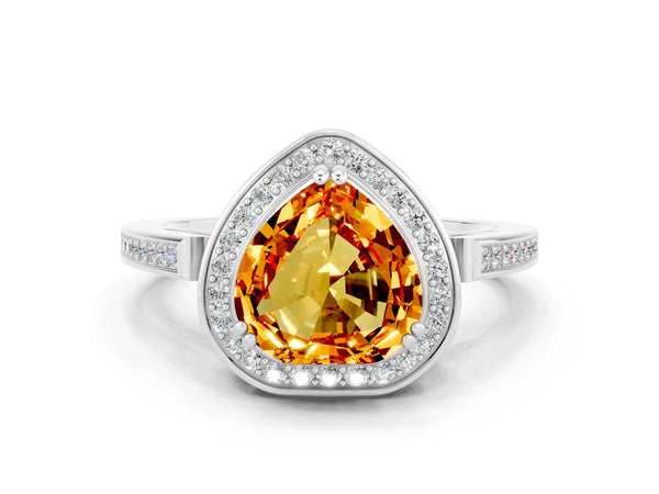 Silver Heart Cut Citrine Halo Ring with Split Shank and Four-Prong Setting