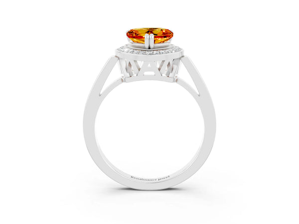 Silver Heart Cut Citrine Halo Ring with Split Shank and Four-Prong Setting