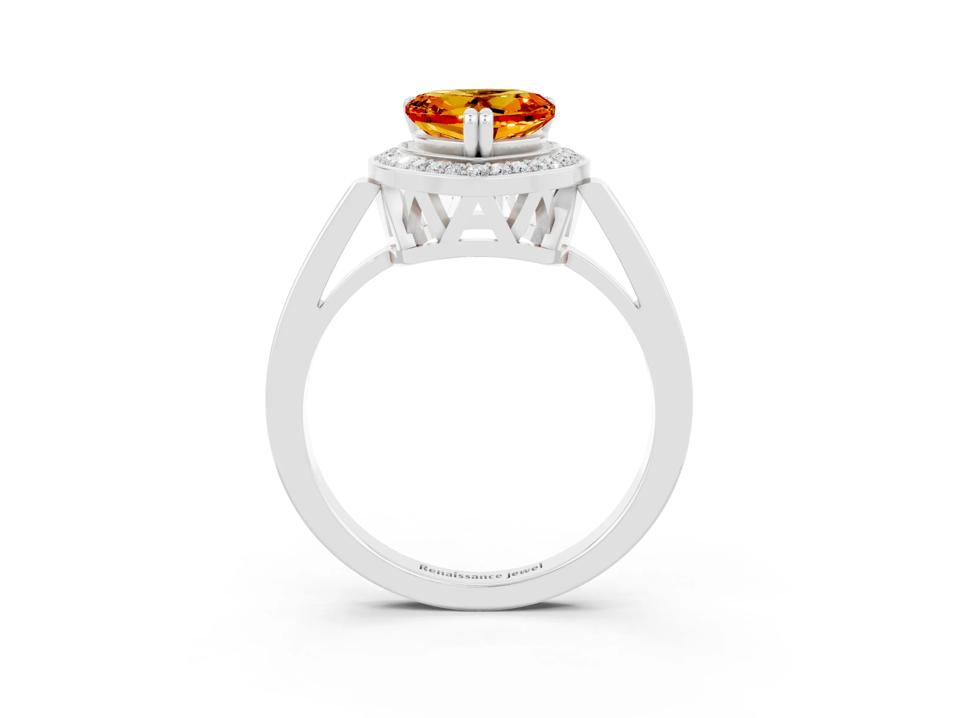 White gold Heart Cut Citrine Halo Ring with Split Shank and Four-Prong Setting_25