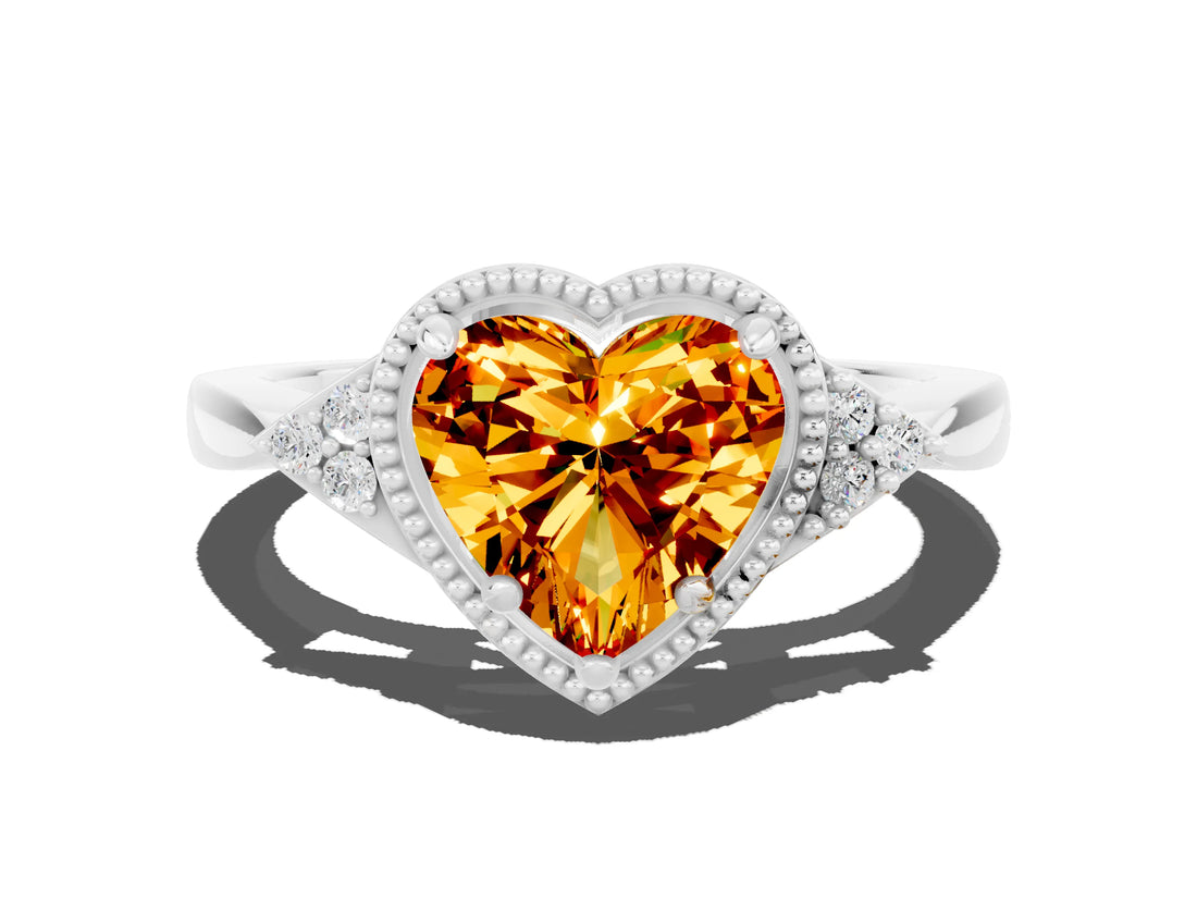 White gold Heart Cut Citrine Halo Ring with Tapered Band and Four-Prong Setting