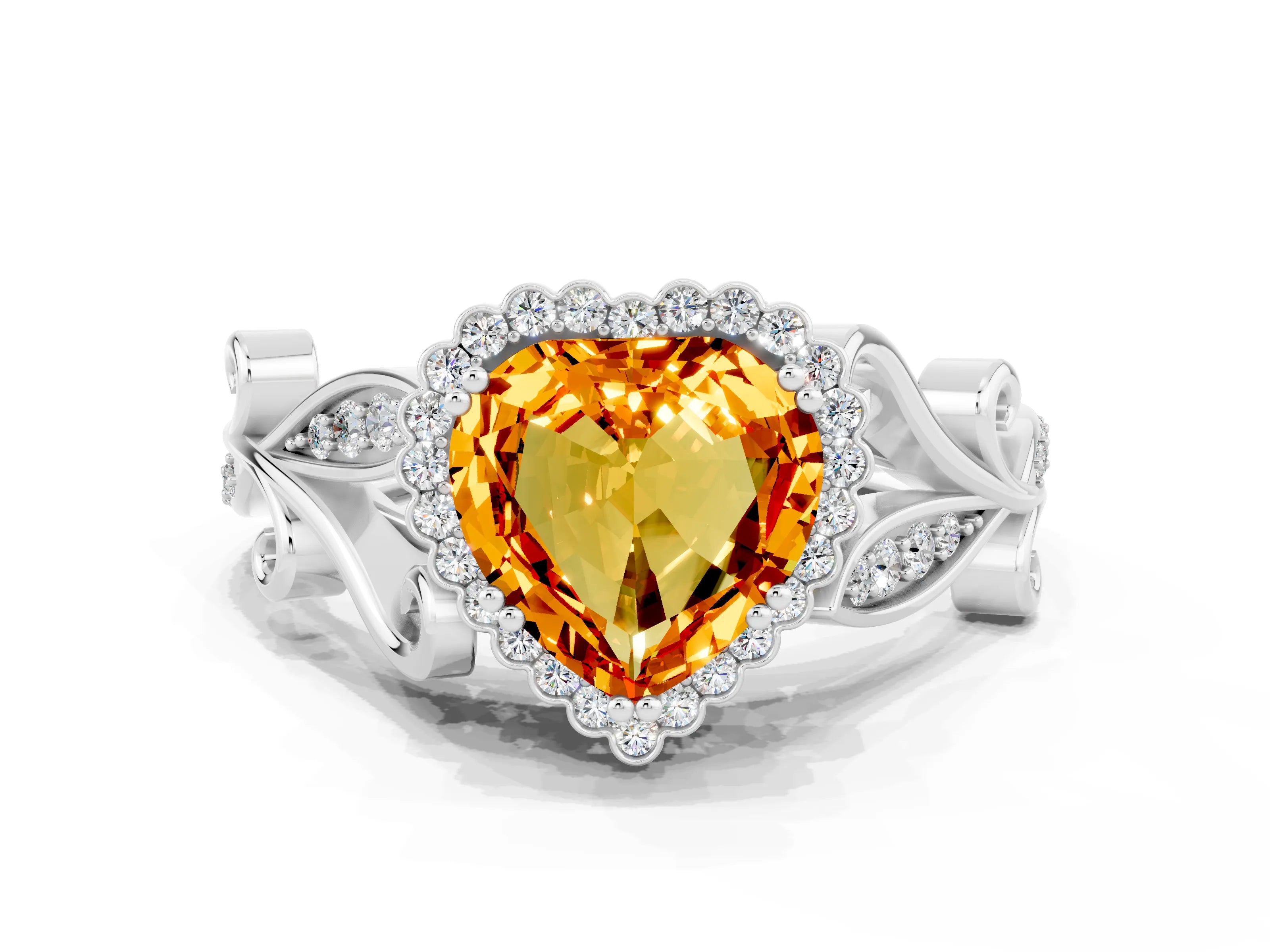 White gold Heart Cut Citrine Halo Ring with Vintage Split Shank and Four-Prong Setting_24