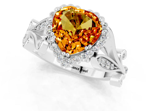 White gold Heart Cut Citrine Halo Ring with Vintage Split Shank and Four-Prong Setting_25