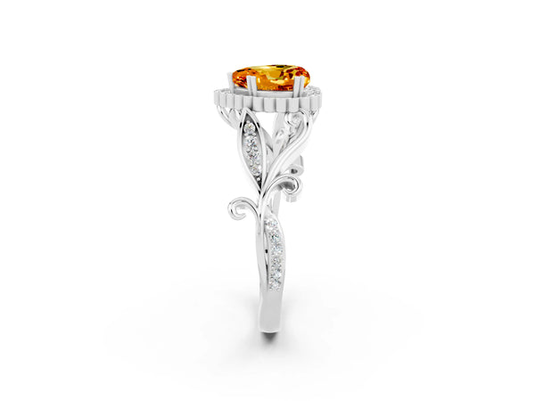 Silver Heart Cut Citrine Halo Ring with Vintage Split Shank and Four-Prong Setting