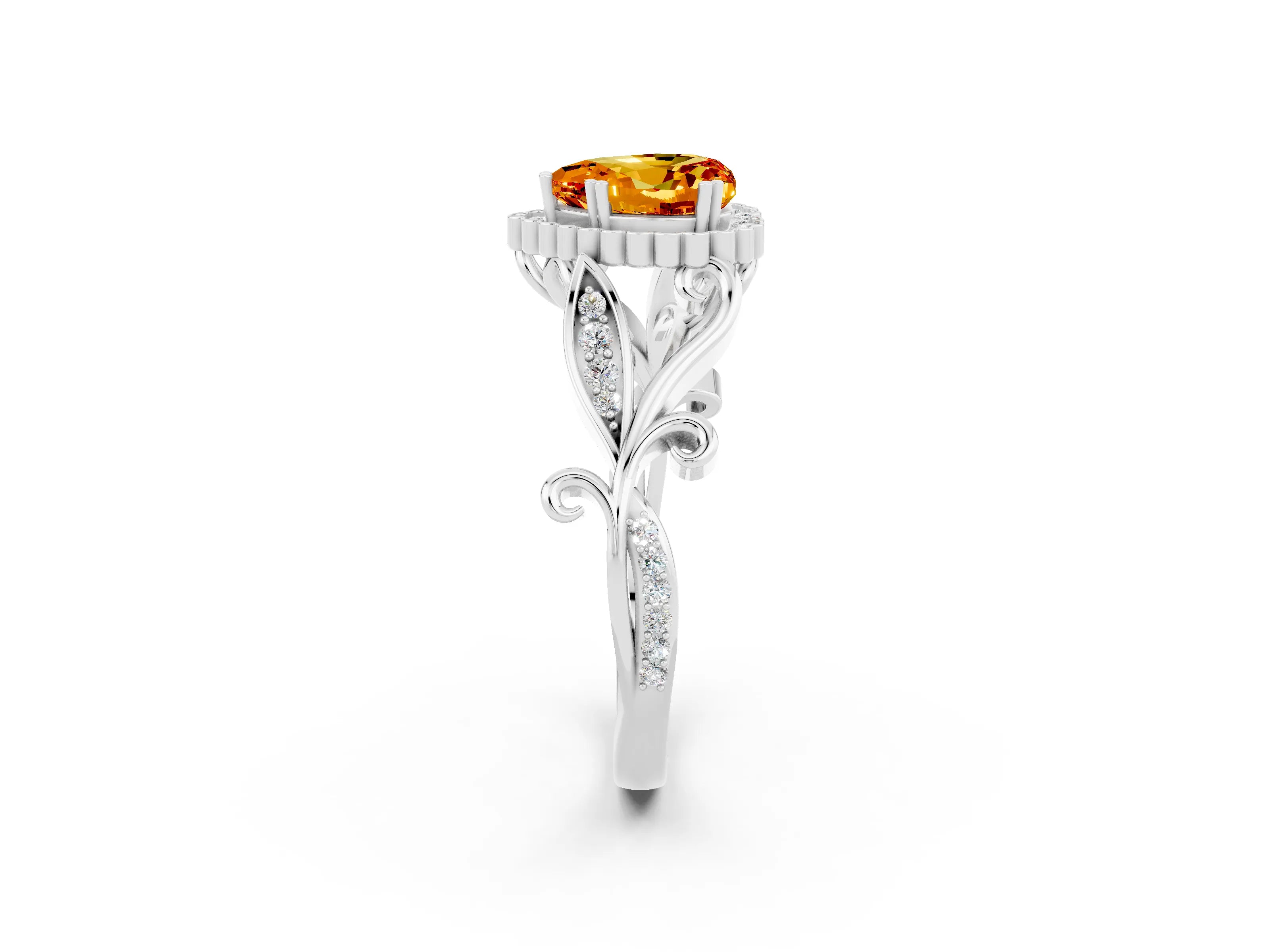 White gold Heart Cut Citrine Halo Ring with Vintage Split Shank and Four-Prong Setting_26
