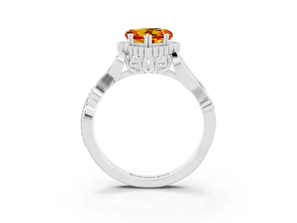 White gold Heart Cut Citrine Halo Ring with Vintage Split Shank and Four-Prong Setting