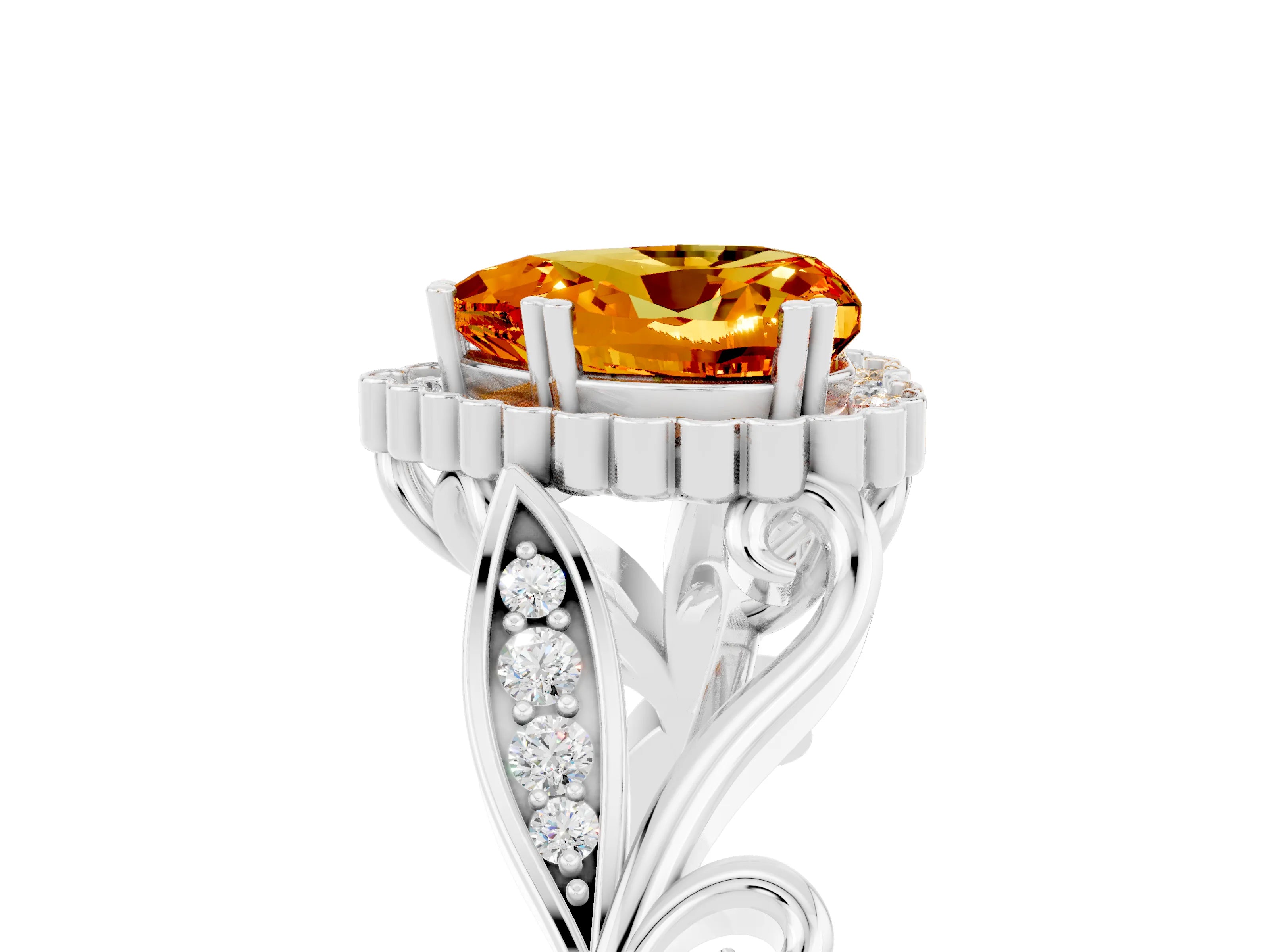 White gold Heart Cut Citrine Halo Ring with Vintage Split Shank and Four-Prong Setting_29