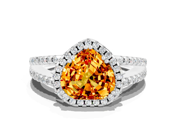 White gold Heart Cut Citrine Halo Split Shank Engagement Ring