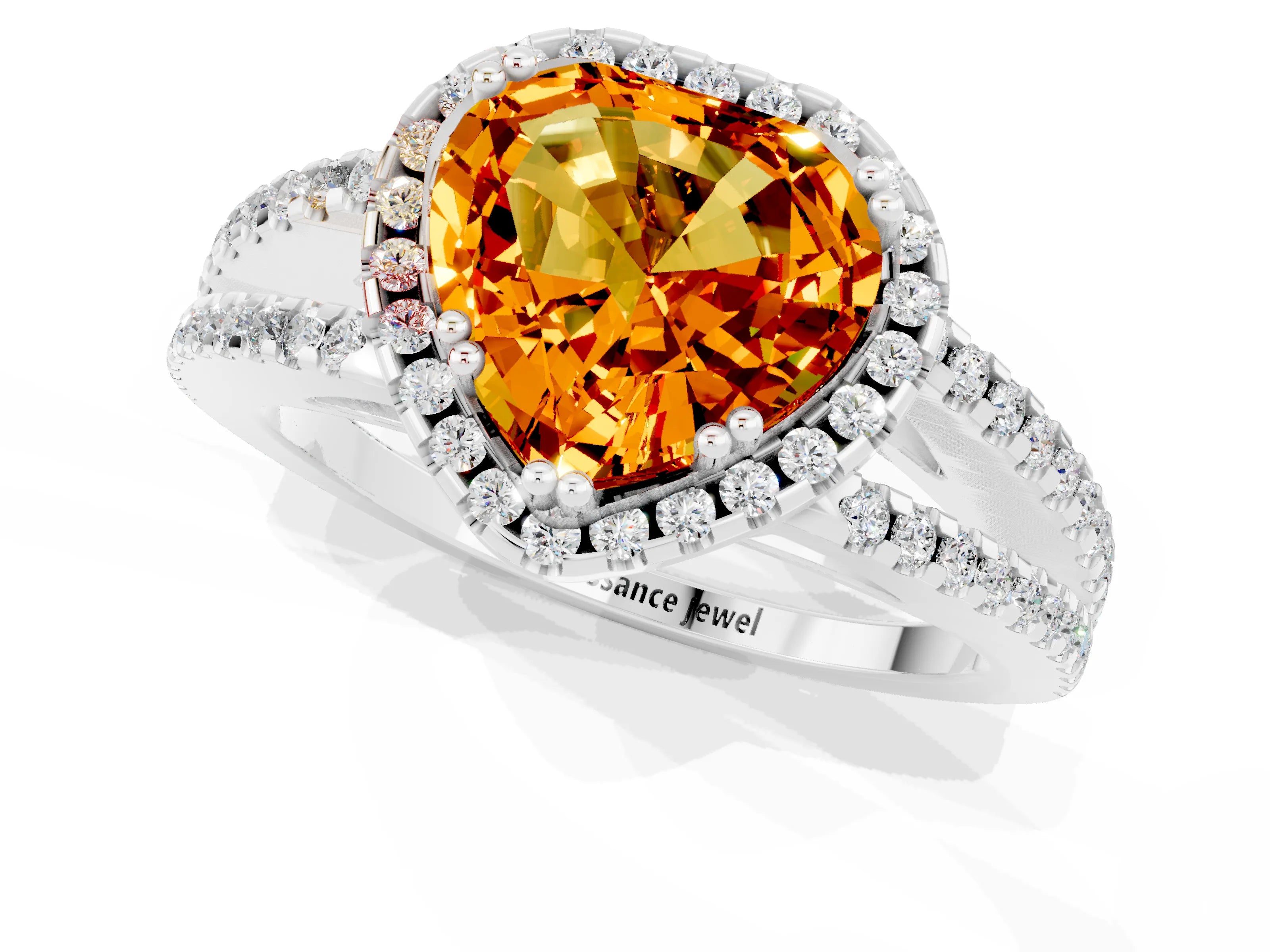White gold Heart Cut Citrine Halo Split Shank Engagement Ring_13