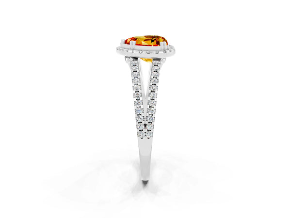 Platinum Heart Cut Citrine Halo Split Shank Engagement Ring