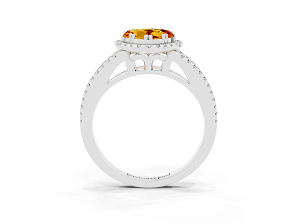 Platinum Heart Cut Citrine Halo Split Shank Engagement Ring