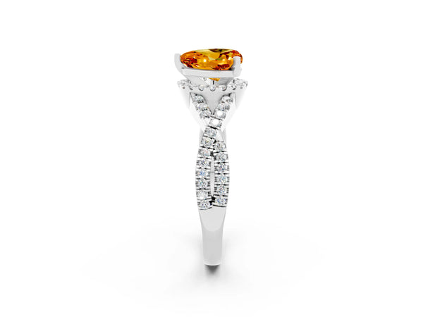 White gold Heart Cut Citrine  Halo Twist Band Solitaire Prong Setting Ring