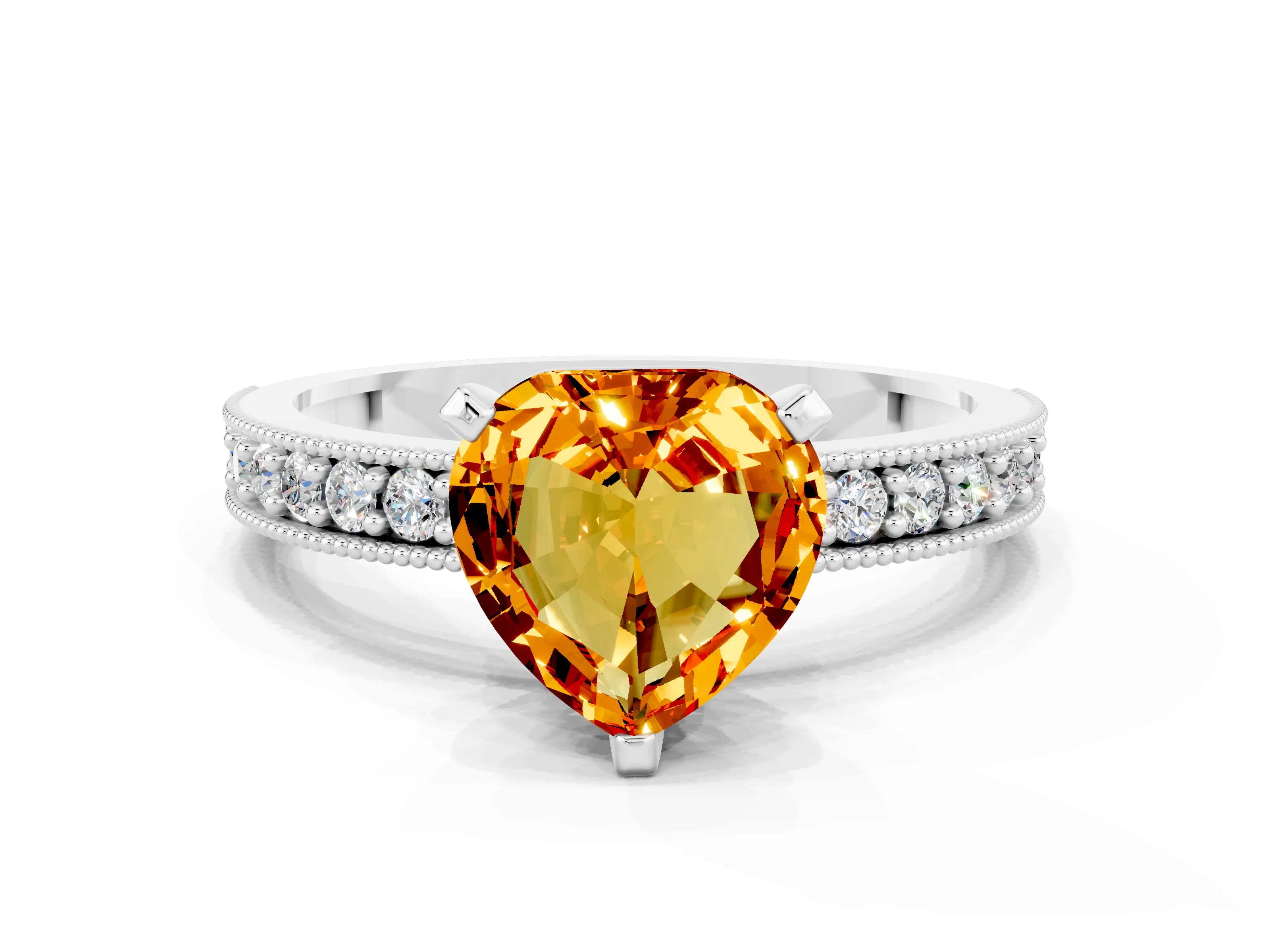 White gold Heart Cut Citrine Milgrain Pavé Engagement Ring with Four-Prong Setting_12