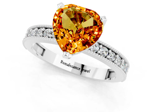 White gold Heart Cut Citrine Milgrain Pavé Engagement Ring with Four-Prong Setting_13