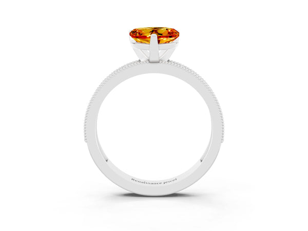 Silver Heart Cut Citrine Milgrain Pavé Engagement Ring with Four-Prong Setting
