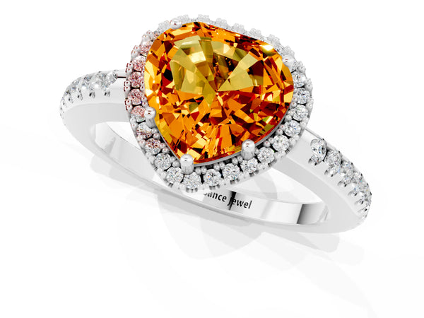 Platinum Heart Cut Citrine Pavé Halo Ring with Four-Prong Setting