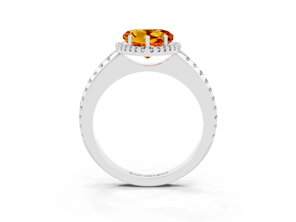 Silver Heart Cut Citrine Pavé Halo Ring with Four-Prong Setting