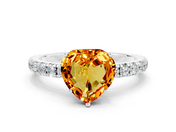 White gold Heart Cut Citrine Pavé Solitaire Engagement Ring with Four-Prong Setting