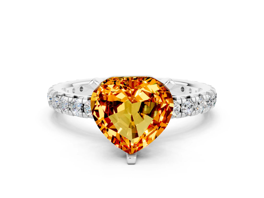 White gold Heart Cut Citrine Pavé Solitaire Ring with Round Band and Prong Setting_12