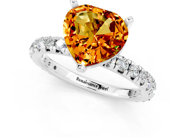 Silver Heart Cut Citrine Pavé Solitaire Ring with Round Band and Prong Setting