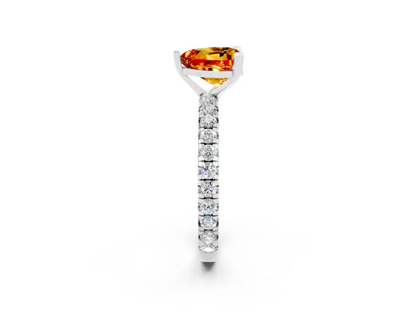 Silver Heart Cut Citrine Pavé Solitaire Ring with Round Band and Prong Setting