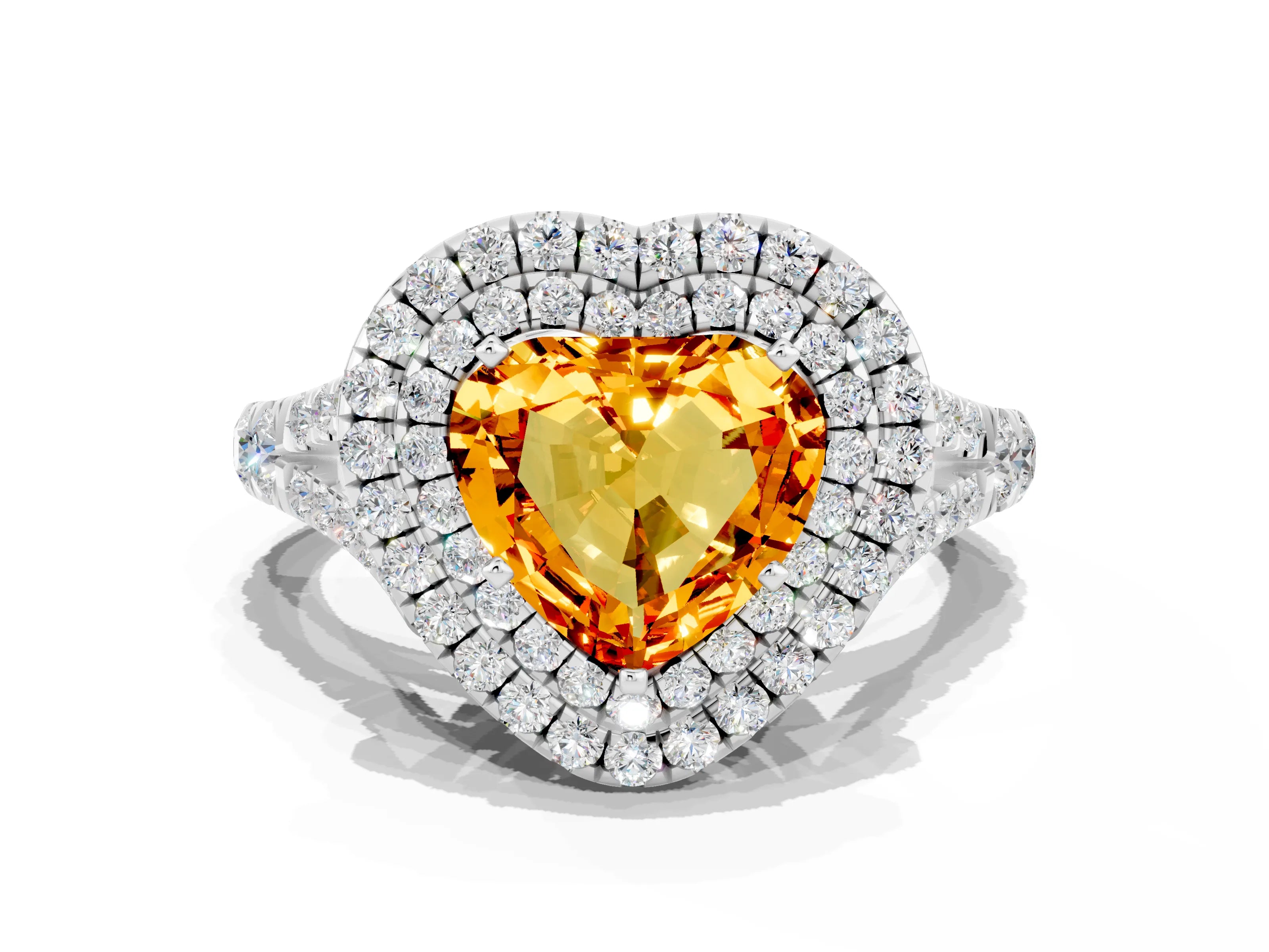 White gold Heart Cut Citrine Pavé Split Shank Double Halo Engagement Ring