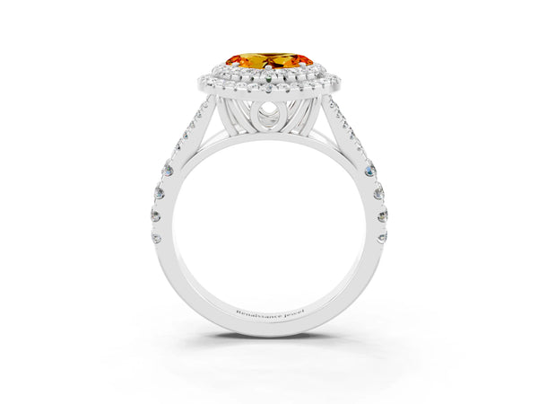 Silver Heart Cut Citrine Pavé Split Shank Double Halo Engagement Ring