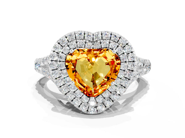 Silver Heart Cut Citrine Pavé Split Shank Double Halo Engagement Ring