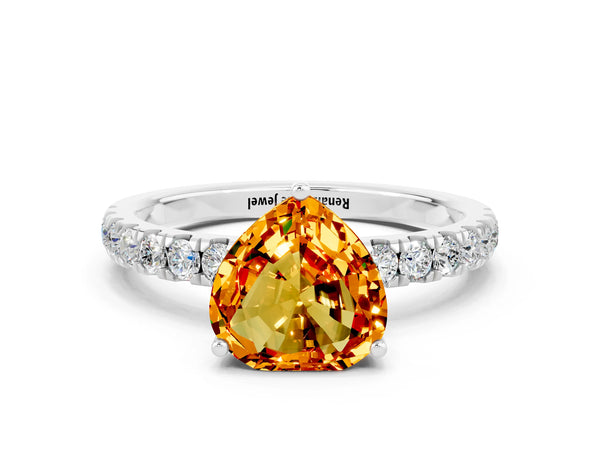 White gold Heart Cut Citrine Pave Band Solitaire Ring with Round  and Prong Setting