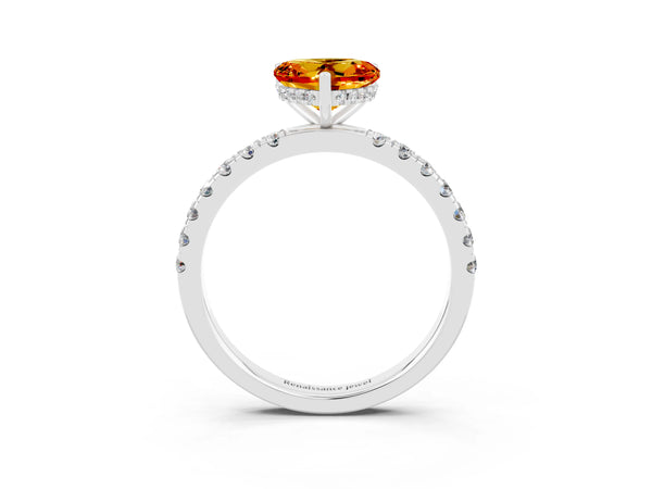 Silver Heart Cut Citrine Pave Band Solitaire Ring with Round  and Prong Setting