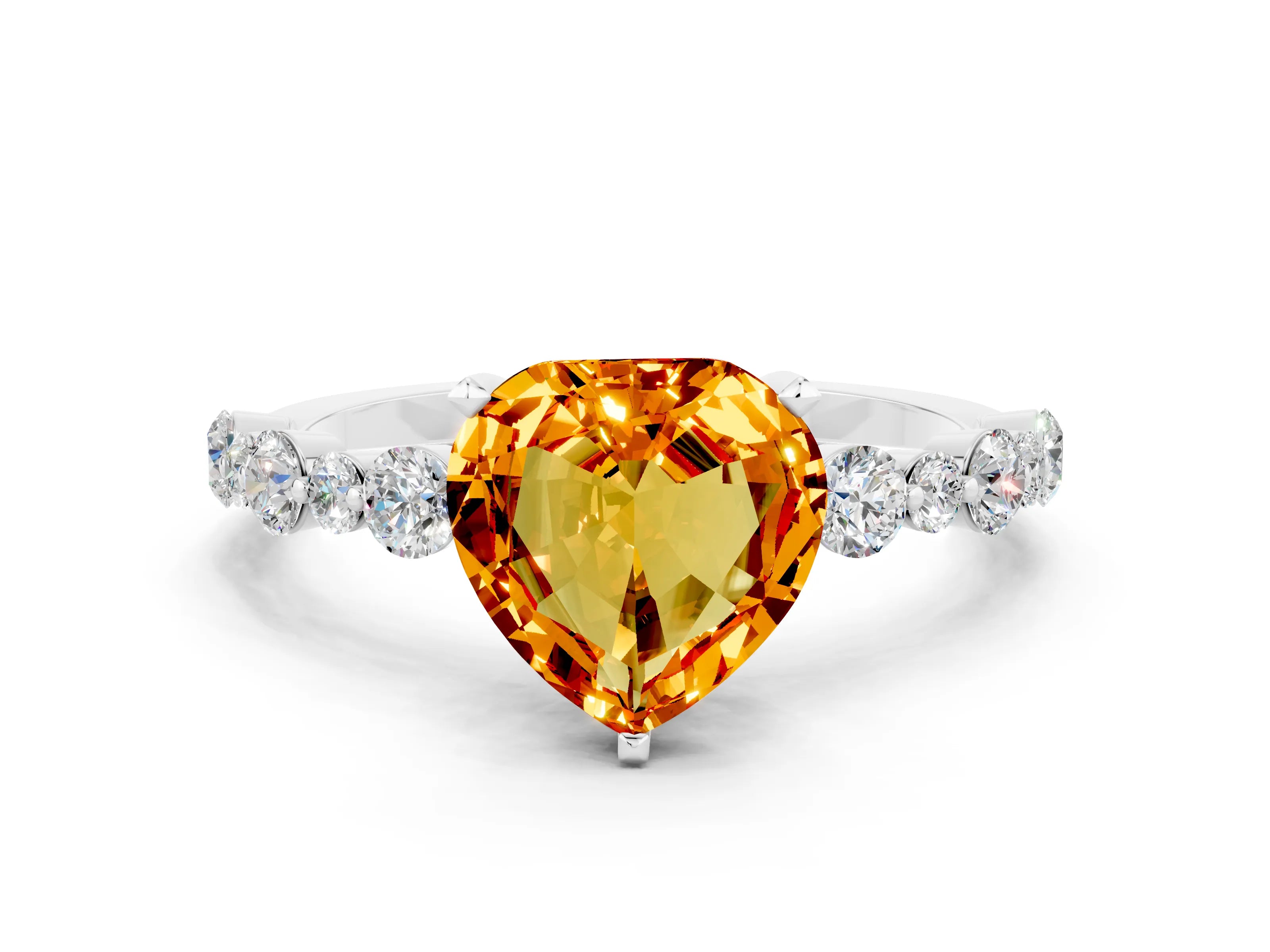 White gold Heart Cut Citrine Prong Set Engagement Ring with Pavé Band