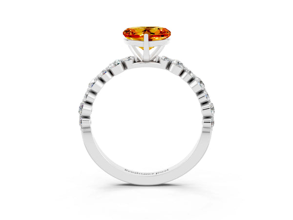 Platinum Heart Cut Citrine Prong Set Engagement Ring with Pavé Band
